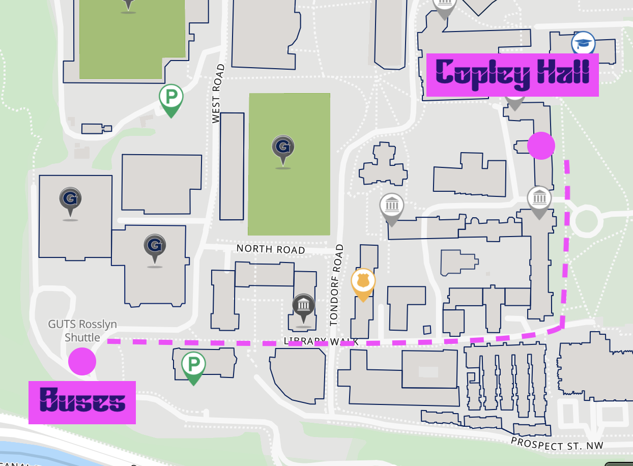 A map of the GU campus showing how to get to Copley Hall.