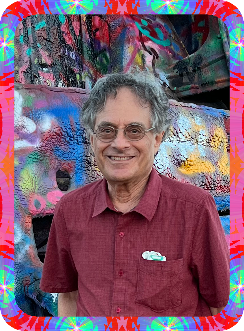 A picture of Marc Okrand in a psychedelic frame.